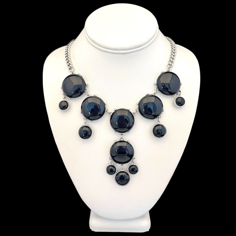 New Susan Graver Black Bib Necklace Silver Tone - 13L
